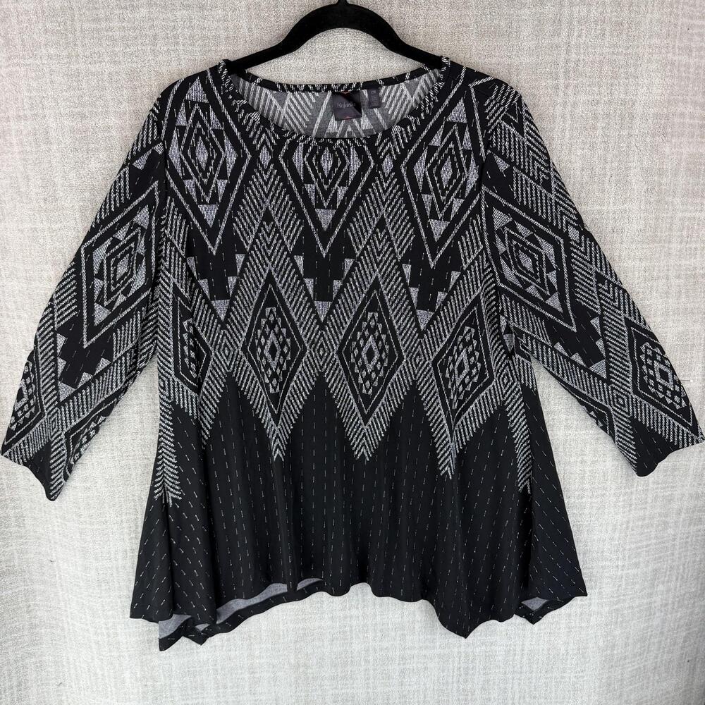Rafaella Blouse Womens M Black Tunic Round Neck 3/4 Sleeve Geometric Stretch